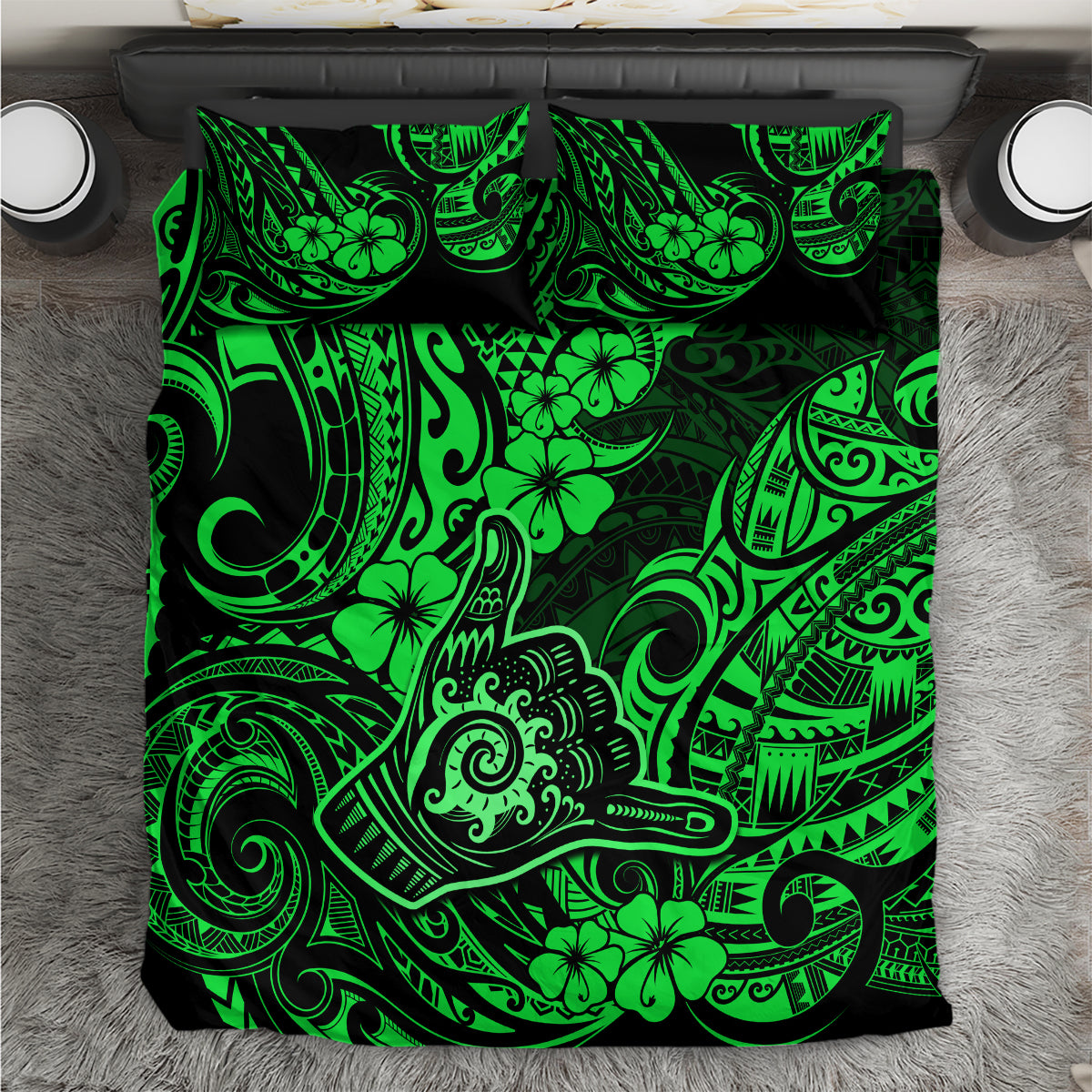 Hawaii Shaka Sign Bedding Set With Polynesian Hibiscus Green Unique LT01 Green - Polynesian Pride