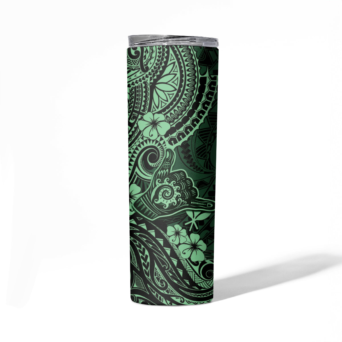 Hawaii Shaka Sign Skinny Tumbler With Polynesian Hibiscus Green Unique LT01 - Polynesian Pride