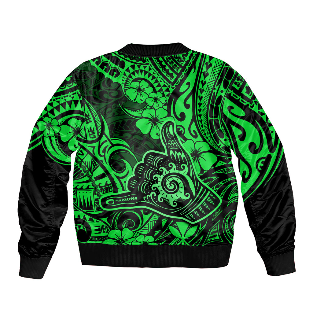 Hawaii Shaka Sign Sleeve Zip Bomber Jacket With Polynesian Hibiscus Green Unique LT01 - Polynesian Pride