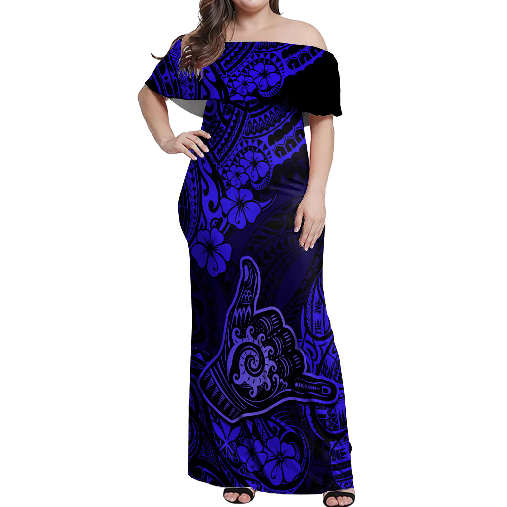 Hawaii Shaka Sign Off Shoulder Maxi Dress With Polynesian Hibiscus Navy Blue Unique LT01 Women Blue - Polynesian Pride