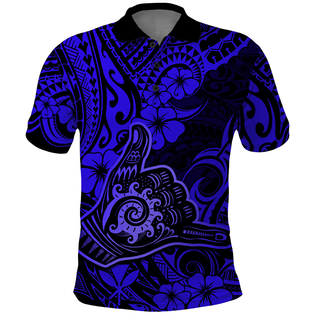 Hawaii Shaka Sign Polo Shirt With Polynesian Hibiscus Navy Blue Unique LT01 Blue - Polynesian Pride