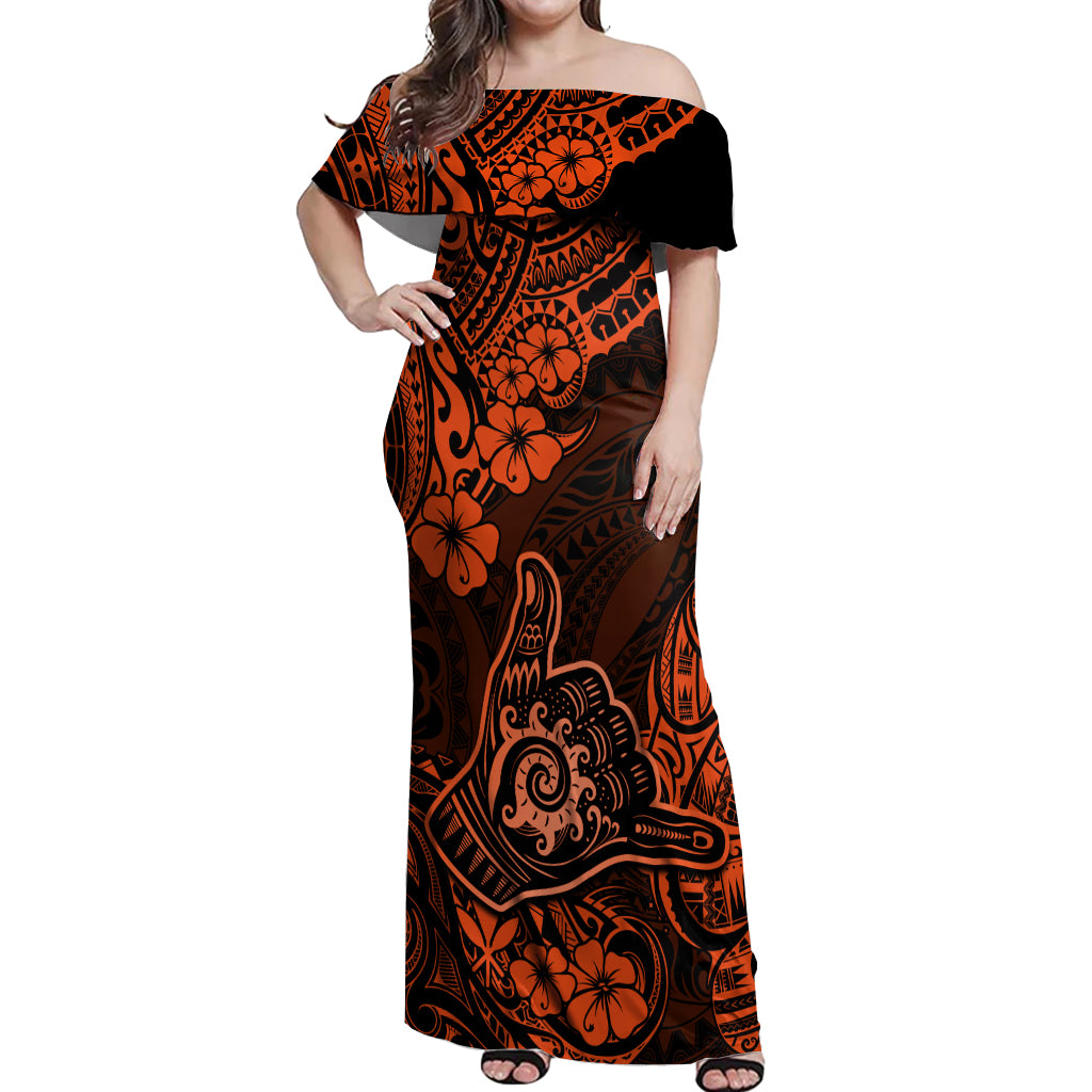 Hawaii Shaka Sign Off Shoulder Maxi Dress With Polynesian Hibiscus Orange Unique LT01 Women Orange - Polynesian Pride