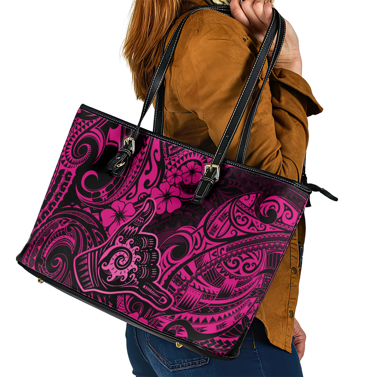 Hawaii Shaka Sign Leather Tote Bag With Polynesian Hibiscus Pink Unique LT01 - Polynesian Pride