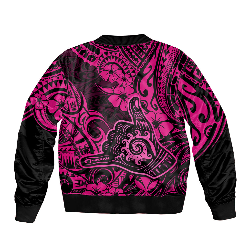 Hawaii Shaka Sign Sleeve Zip Bomber Jacket With Polynesian Hibiscus Pink Unique LT01 - Polynesian Pride