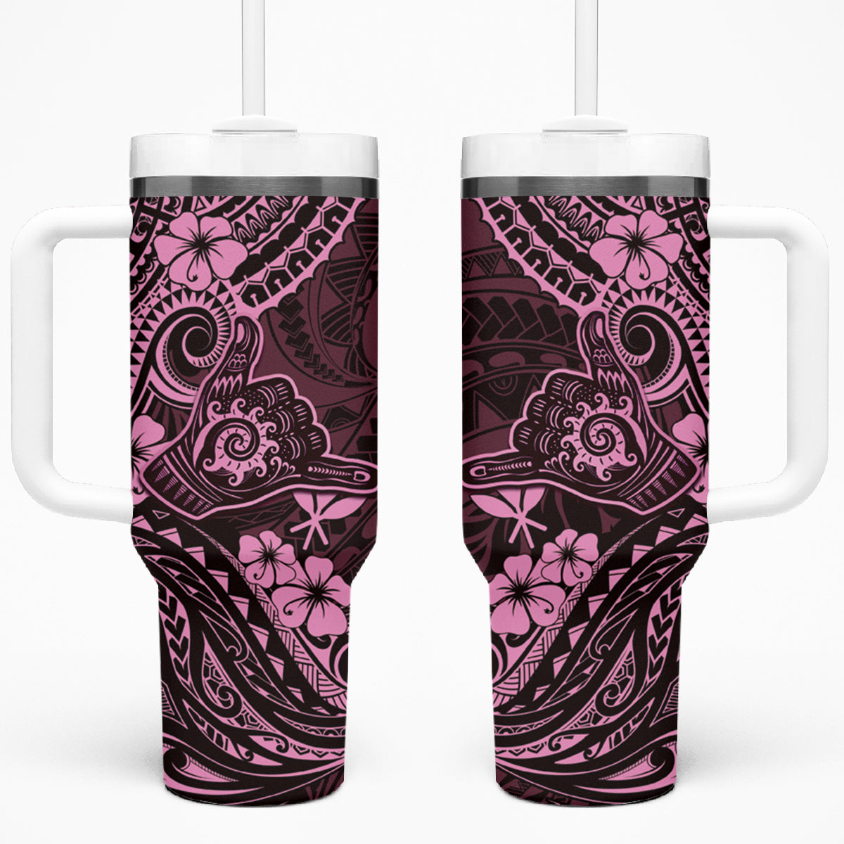 Hawaii Shaka Sign Tumbler With Handle With Polynesian Hibiscus Pink Unique LT01 One Size: 40 oz Pink - Polynesian Pride