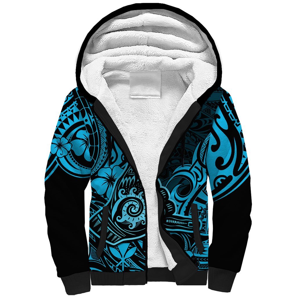 Hawaii Shaka Sign Sherpa Hoodie Polynesian Pattern Sky Blue Version LT01 Unisex Blue - Polynesian Pride