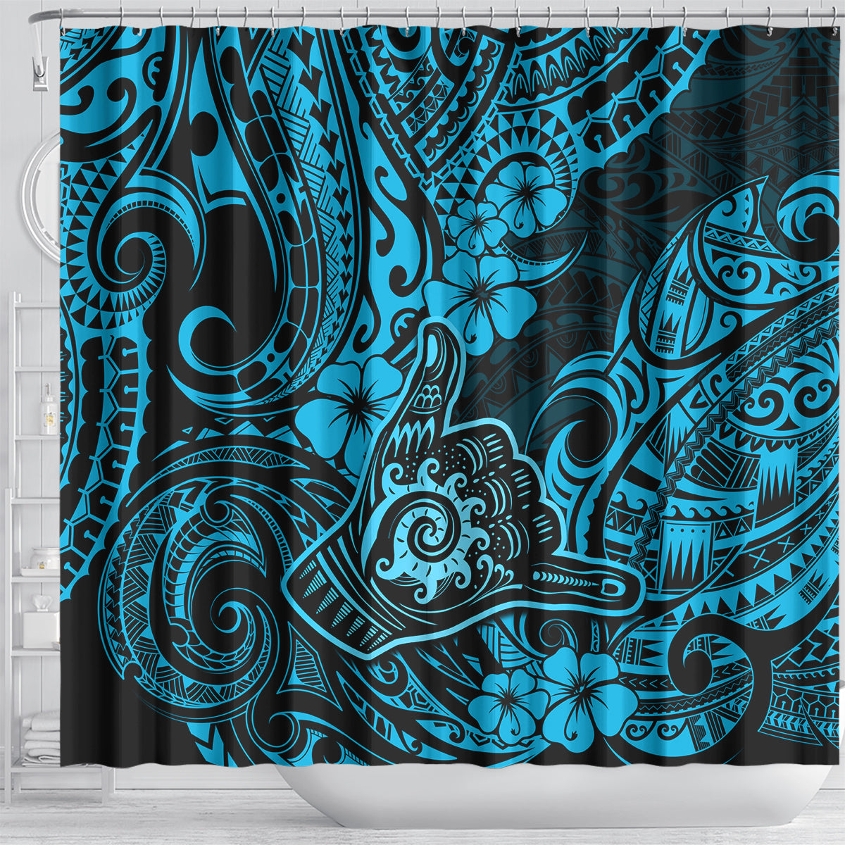 Hawaii Shaka Sign Shower Curtain Polynesian Pattern Sky Blue Version LT01 - Polynesian Pride