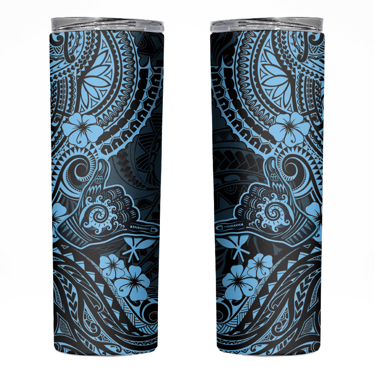 Hawaii Shaka Sign Skinny Tumbler Polynesian Pattern Sky Blue Version