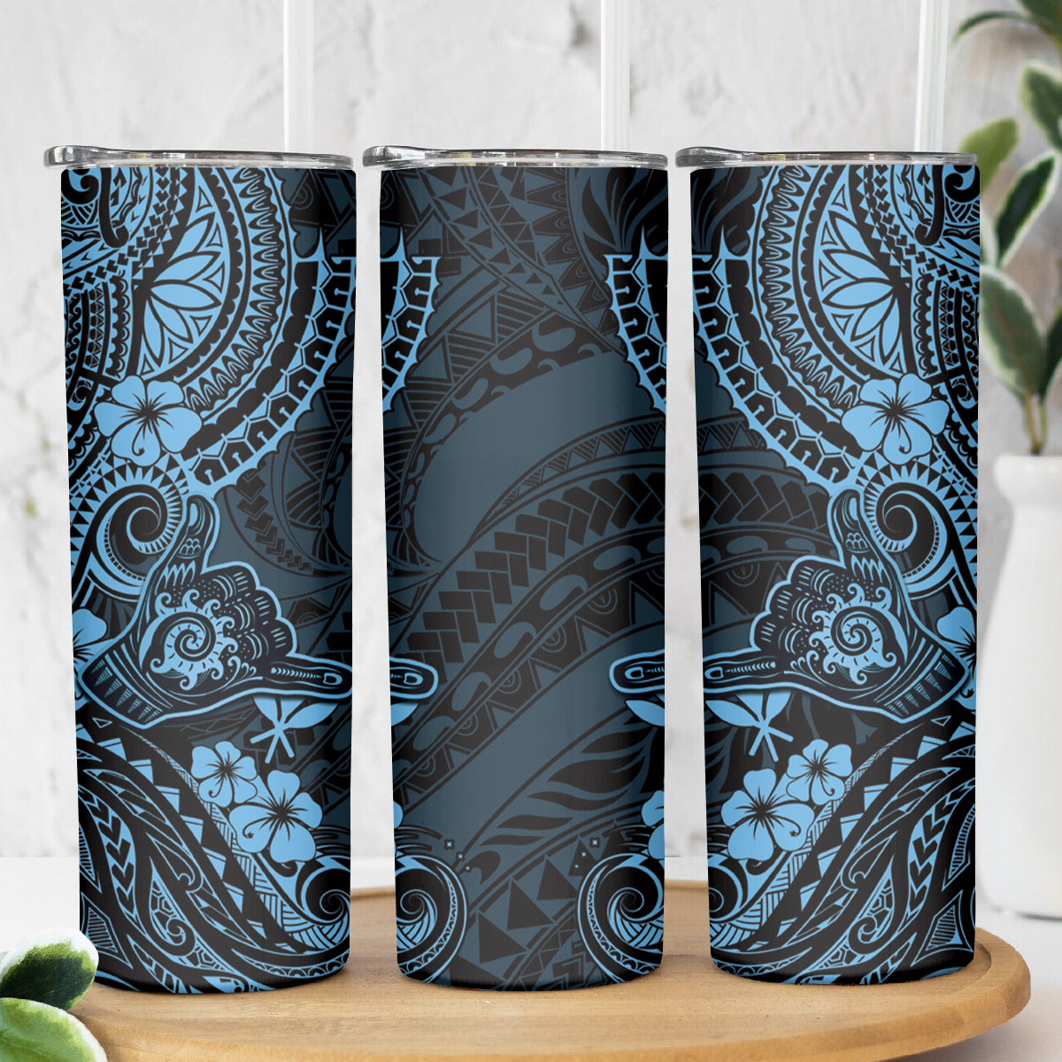 Hawaii Shaka Sign Skinny Tumbler Polynesian Pattern Sky Blue Version LT01 - Polynesian Pride
