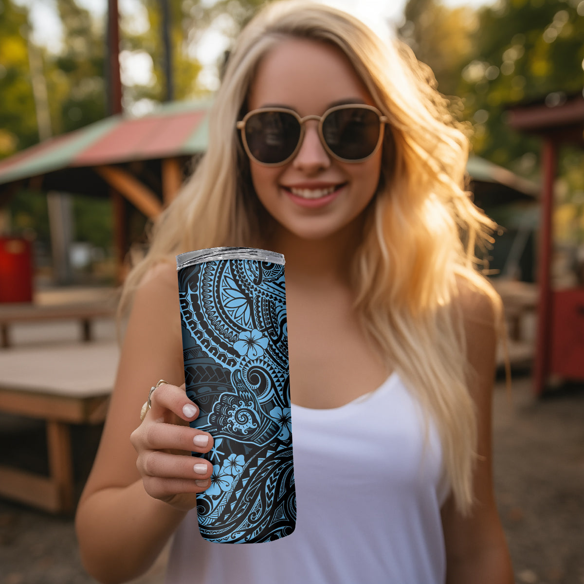 Hawaii Shaka Sign Skinny Tumbler Polynesian Pattern Sky Blue Version LT01 - Polynesian Pride