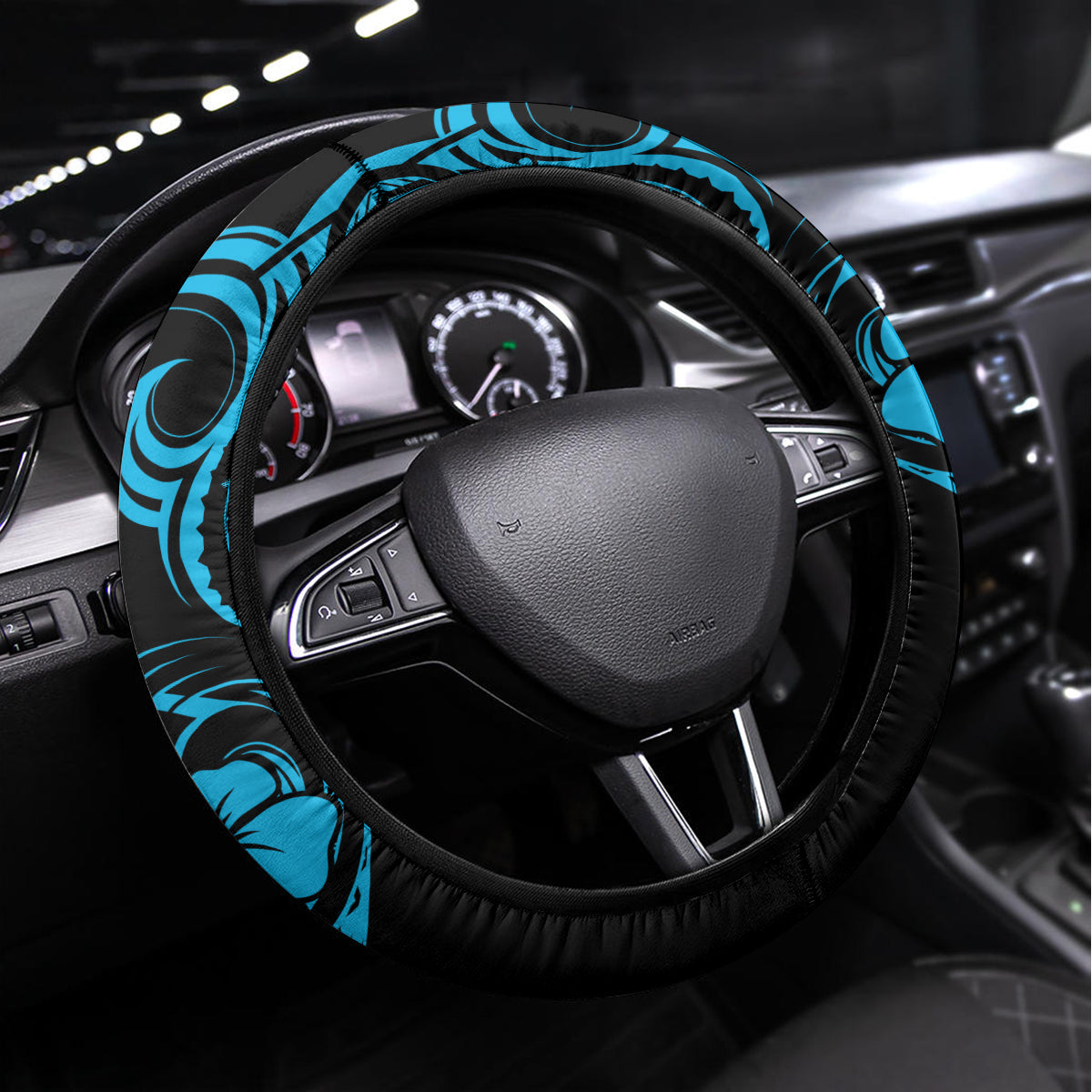 Hawaii Shaka Sign Steering Wheel Cover Polynesian Pattern Sky Blue Version LT01 Universal Fit Blue - Polynesian Pride