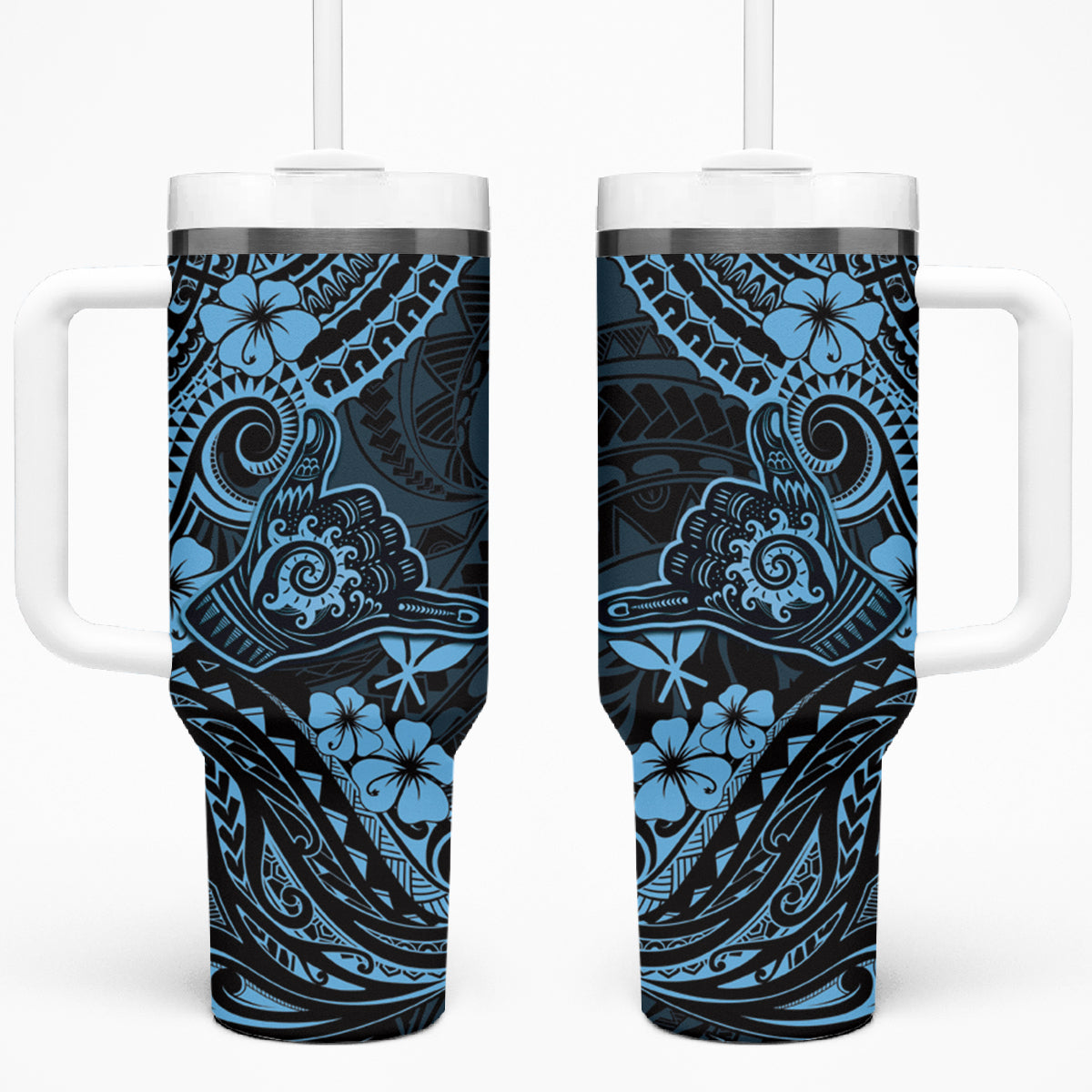 Hawaii Shaka Sign Tumbler With Handle Polynesian Pattern Sky Blue Version