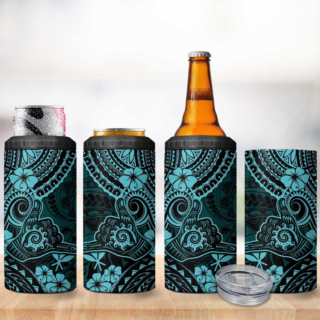Hawaii Shaka Sign 4 in 1 Can Cooler Tumbler Polynesian Pattern Turquoise Version LT01 - Polynesian Pride