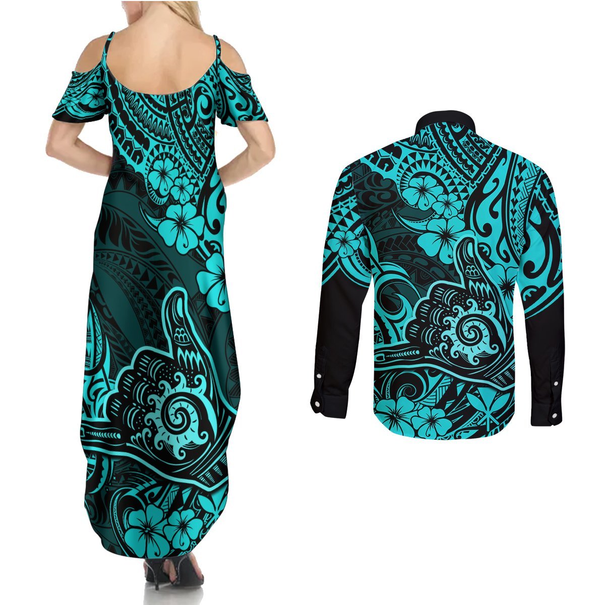 Hawaii Shaka Sign Couples Matching Summer Maxi Dress and Long Sleeve Button Shirts Polynesian Pattern Turquoise Version LT01 - Polynesian Pride