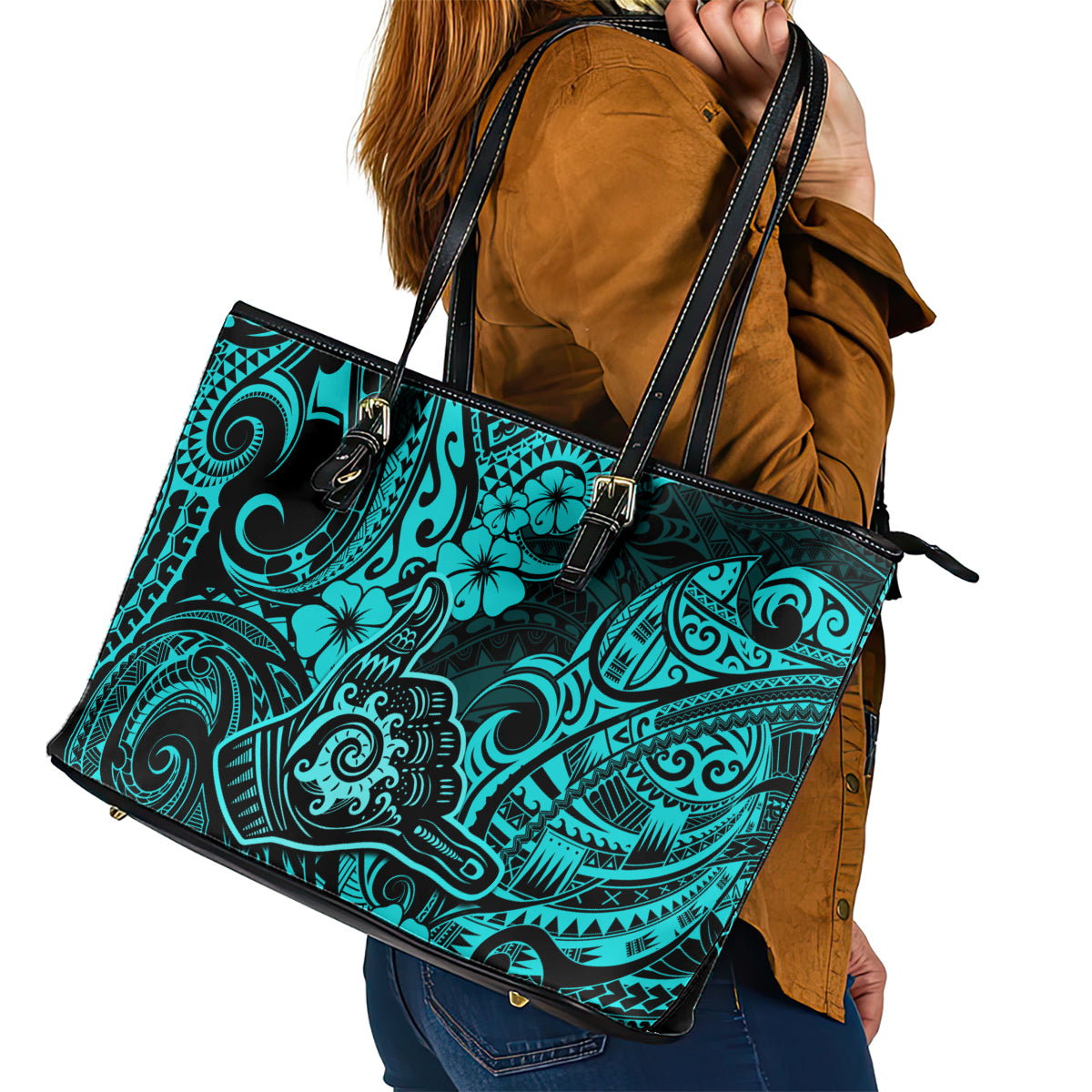 Hawaii Shaka Sign Leather Tote Bag Polynesian Pattern Turquoise Version LT01 - Polynesian Pride