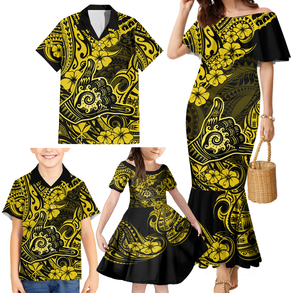 Hawaii Shaka Sign Family Matching Mermaid Dress and Hawaiian Shirt Polynesian Pattern Yellow Version LT01 - Polynesian Pride