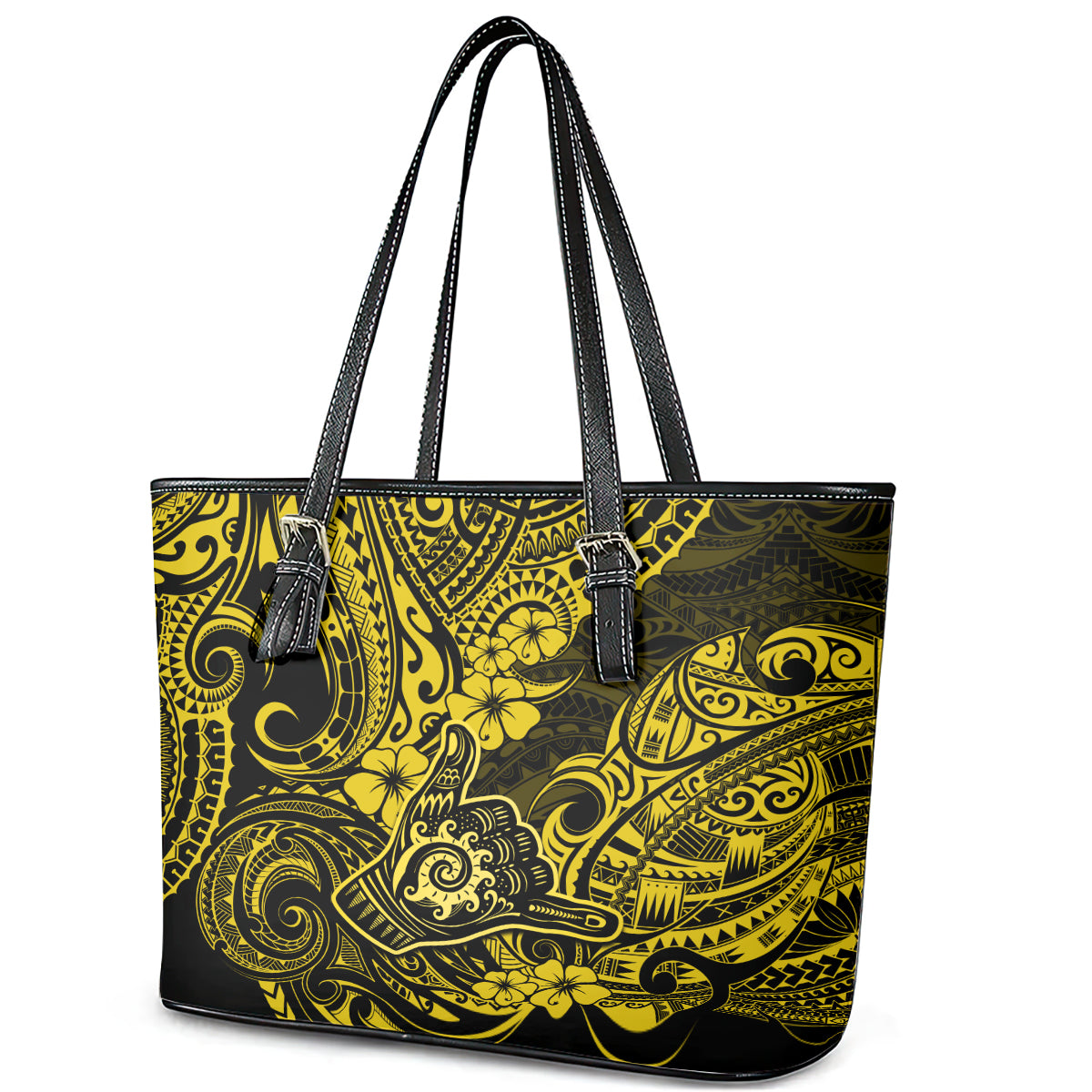 Hawaii Shaka Sign Leather Tote Bag Polynesian Pattern Yellow Version LT01 - Polynesian Pride