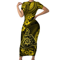 Hawaii Shaka Sign Short Sleeve Bodycon Dress Polynesian Pattern Yellow Version LT01 Long Dress Yellow - Polynesian Pride