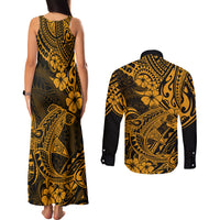 Hawaii Shark Couples Matching Tank Maxi Dress and Long Sleeve Button Shirts Polynesian Pattern Gold Version LT01 - Polynesian Pride