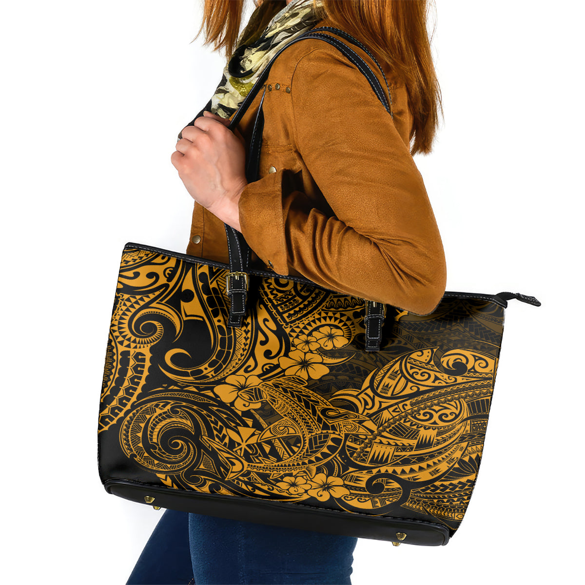 Hawaii Shark Leather Tote Bag Polynesian Pattern Gold Version LT01 Gold - Polynesian Pride