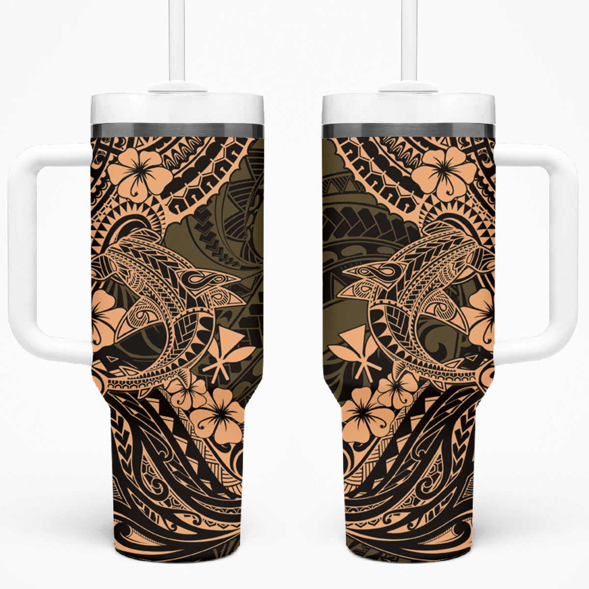 Hawaii Shark Tumbler With Handle Polynesian Pattern Gold Version LT01 One Size: 40 oz Gold - Polynesian Pride