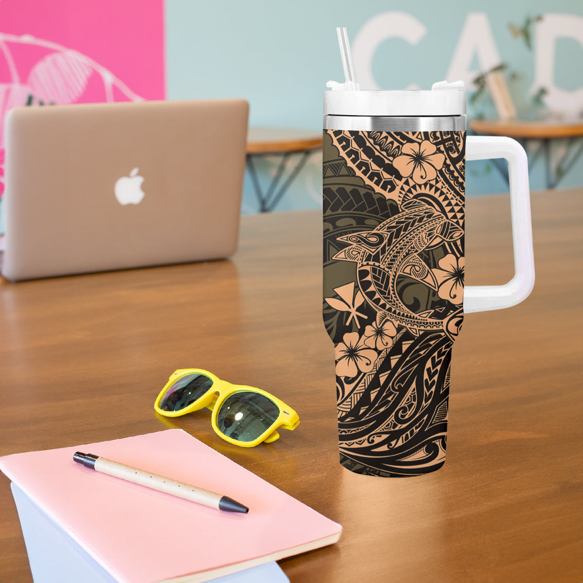 Hawaii Shark Tumbler With Handle Polynesian Pattern Gold Version LT01 - Polynesian Pride