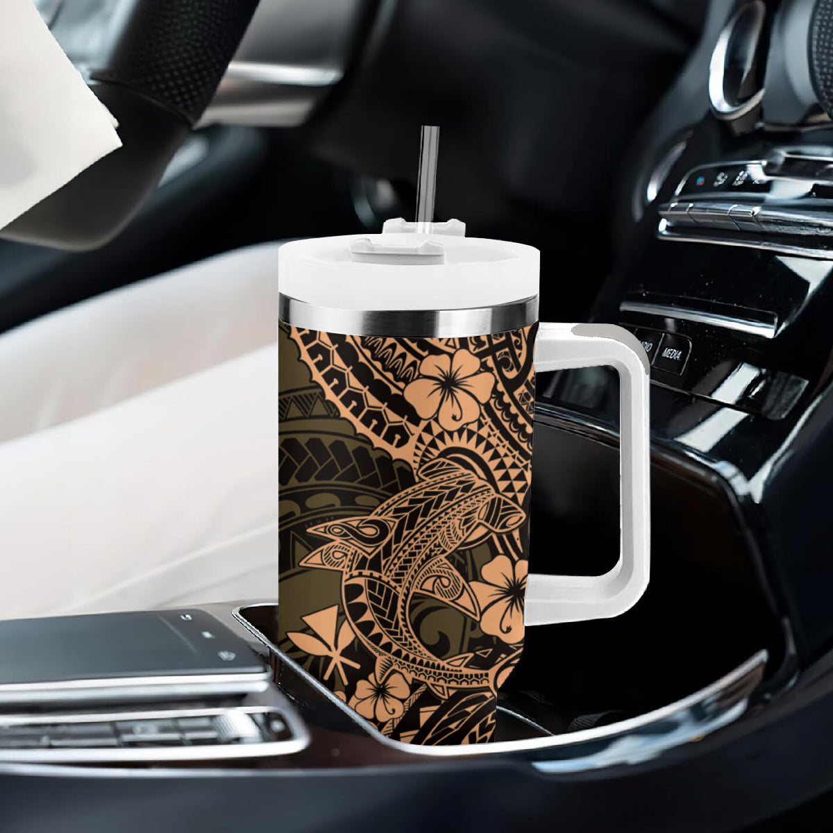 Hawaii Shark Tumbler With Handle Polynesian Pattern Gold Version LT01 - Polynesian Pride