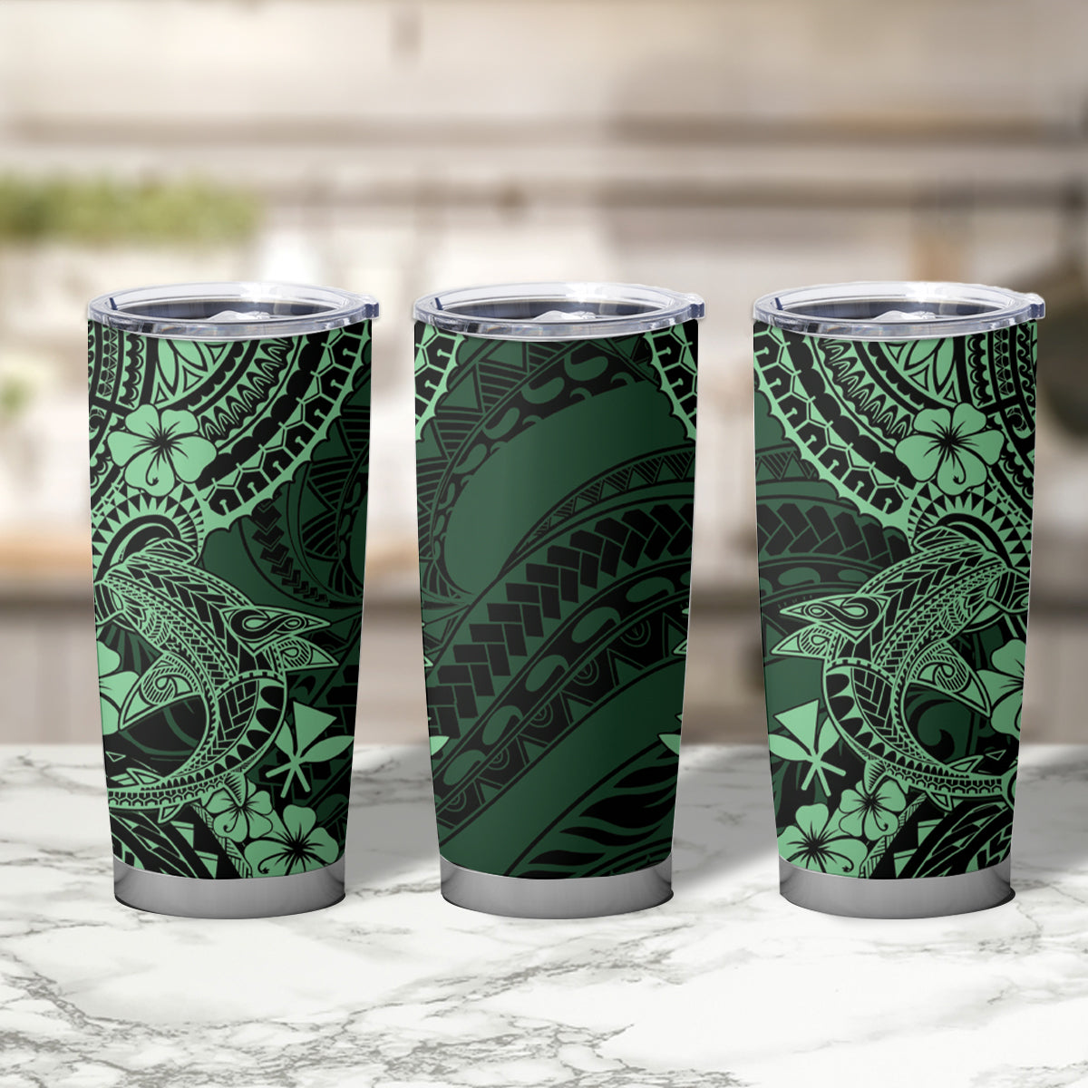 Hawaii Shark Tumbler Cup Polynesian Pattern Green Version LT01 - Polynesian Pride