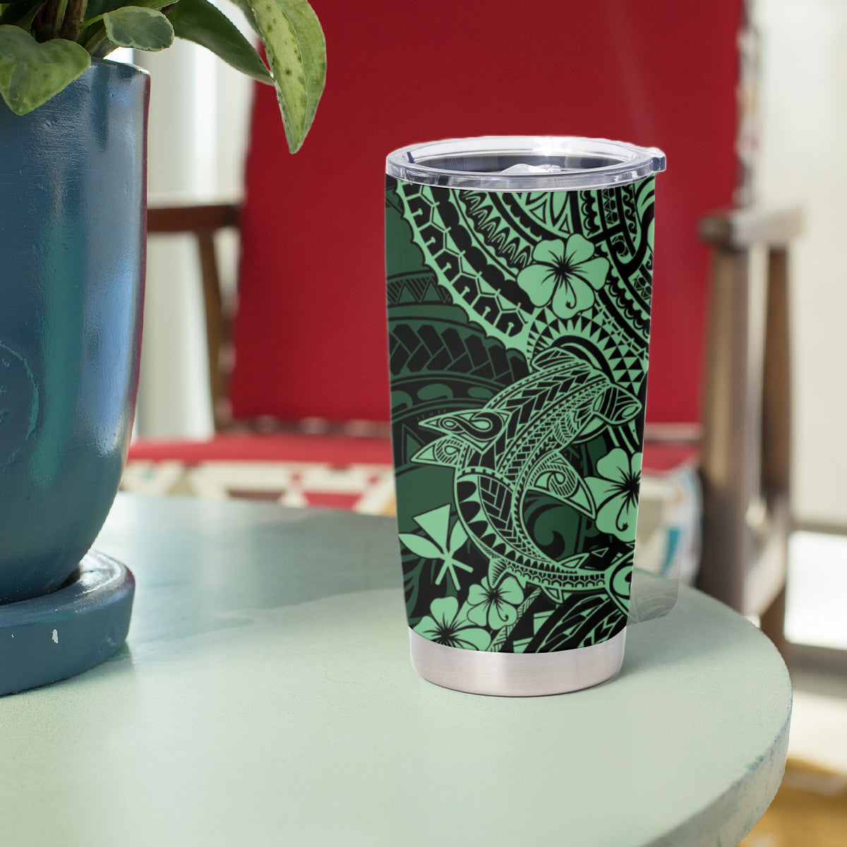 Hawaii Shark Tumbler Cup Polynesian Pattern Green Version LT01 - Polynesian Pride