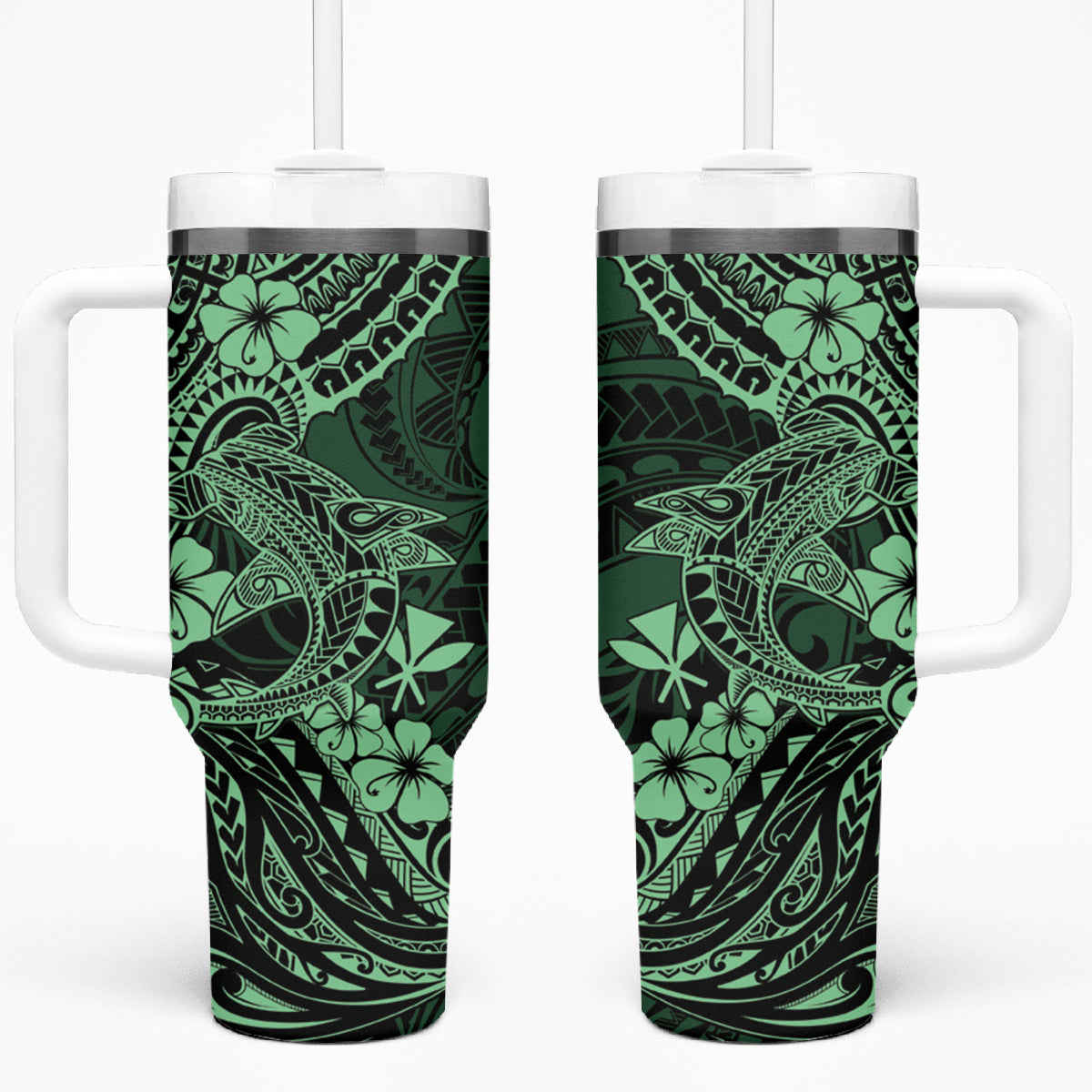 Hawaii Shark Tumbler With Handle Polynesian Pattern Green Version LT01 One Size: 40 oz Green - Polynesian Pride