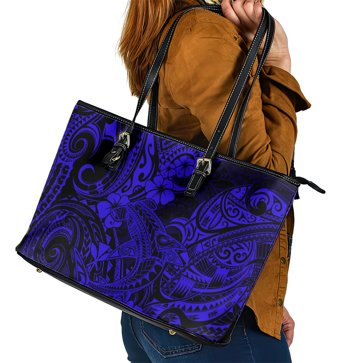 Hawaii Shark Leather Tote Bag Polynesian Pattern Navy Blue Version LT01 - Polynesian Pride