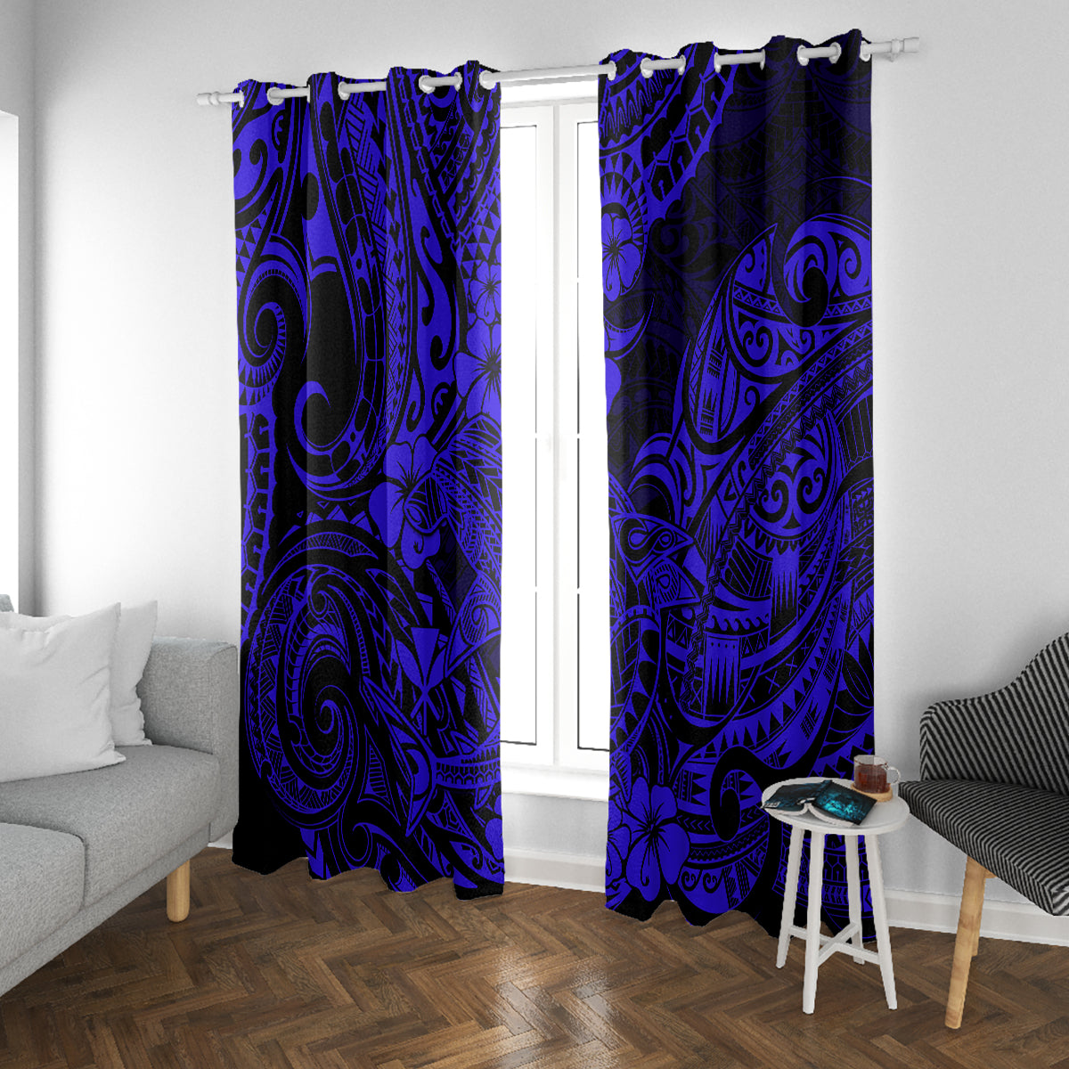Hawaii Shark Window Curtain Polynesian Pattern Navy Blue Version LT01 - Polynesian Pride