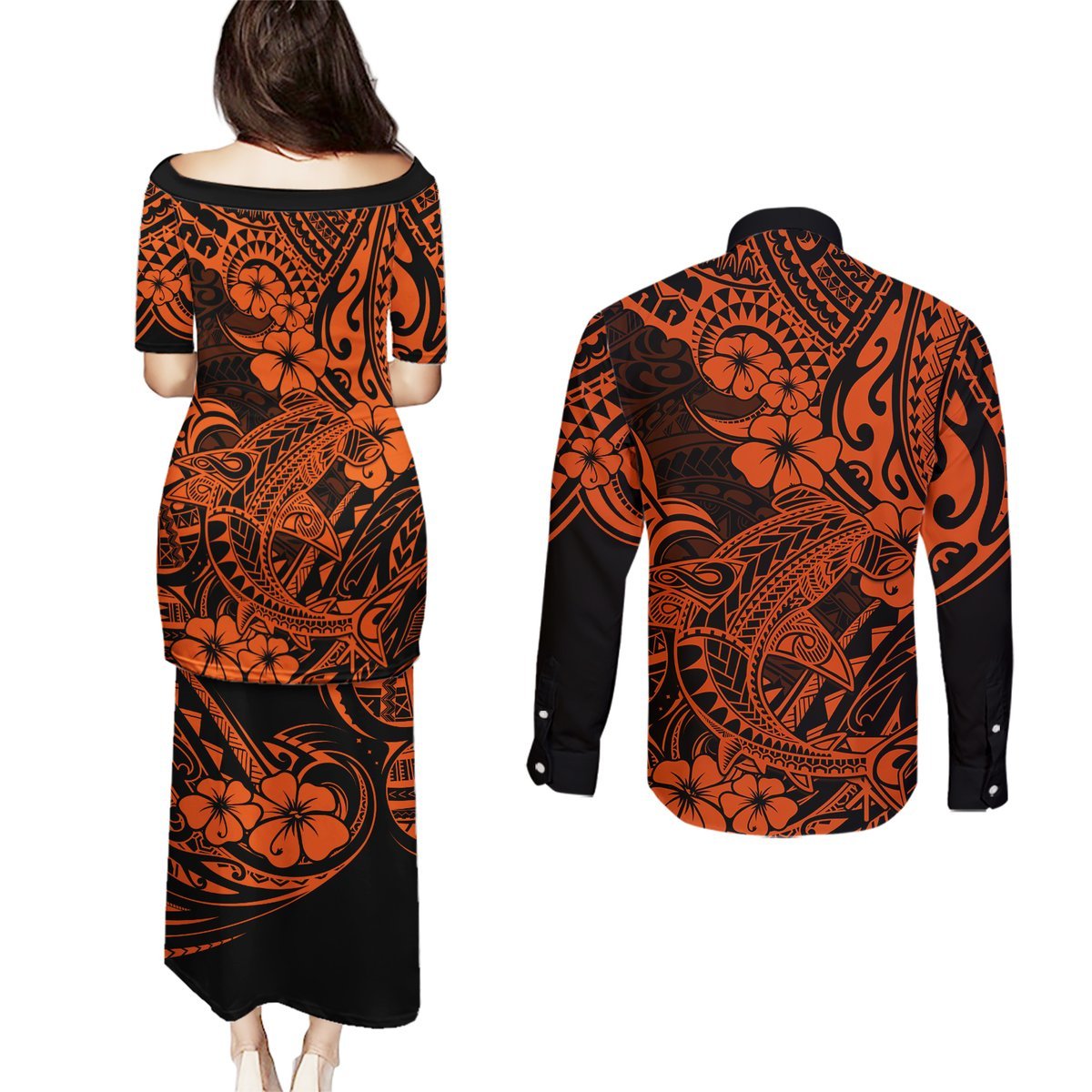 Hawaii Shark Couples Matching Puletasi Dress and Long Sleeve Button Shirts Polynesian Pattern Orange Version LT01 - Polynesian Pride