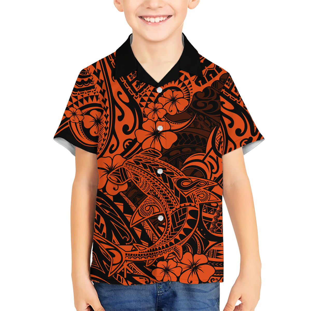 Hawaii Shark Kid Hawaiian Shirt Polynesian Pattern Orange Version LT01 Kid Orange - Polynesian Pride