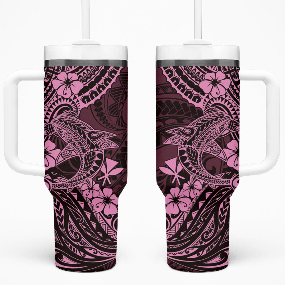 Hawaii Shark Tumbler With Handle Polynesian Pattern Pink Version