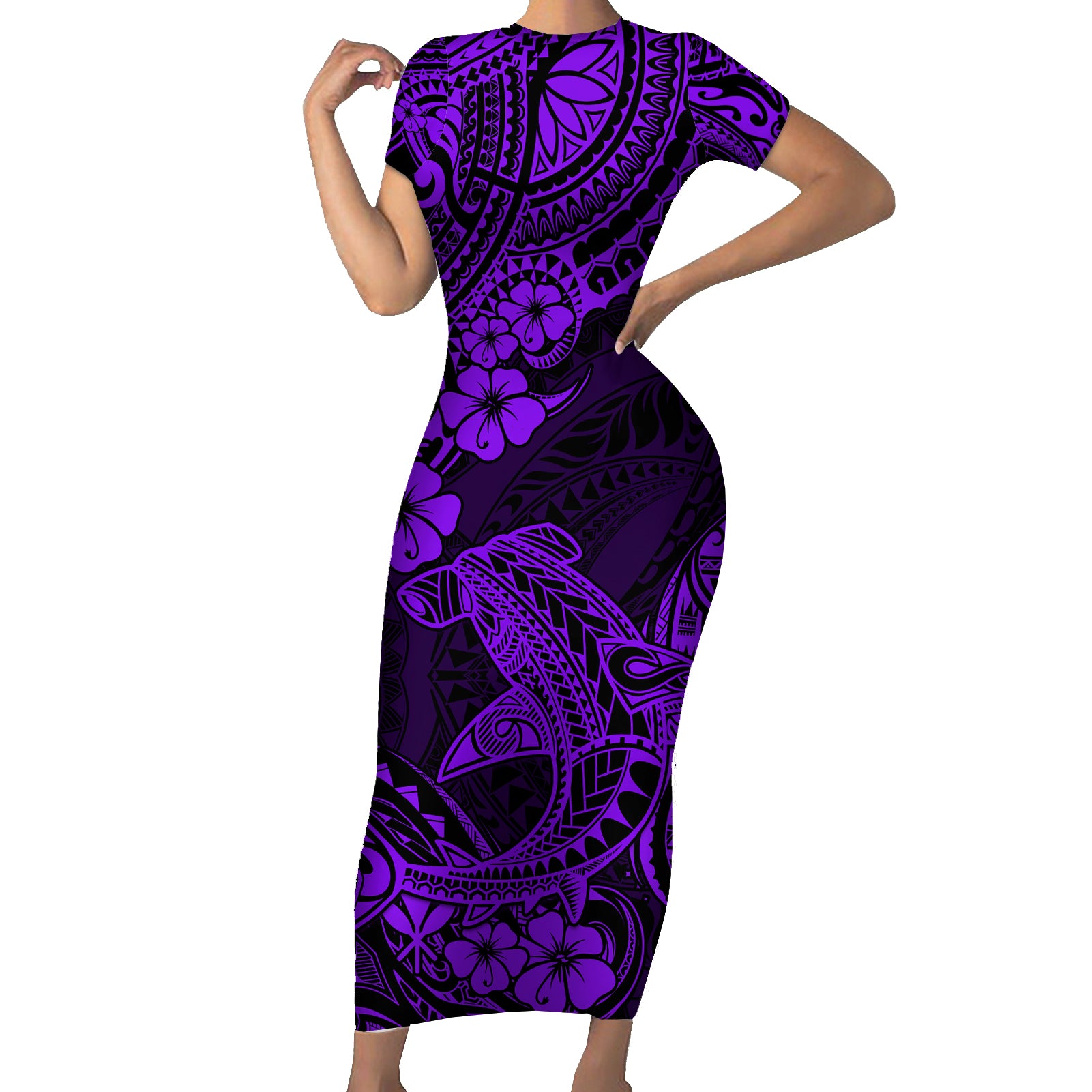 Hawaii Shark Short Sleeve Bodycon Dress Polynesian Pattern Purple Version LT01 Long Dress Purple - Polynesian Pride