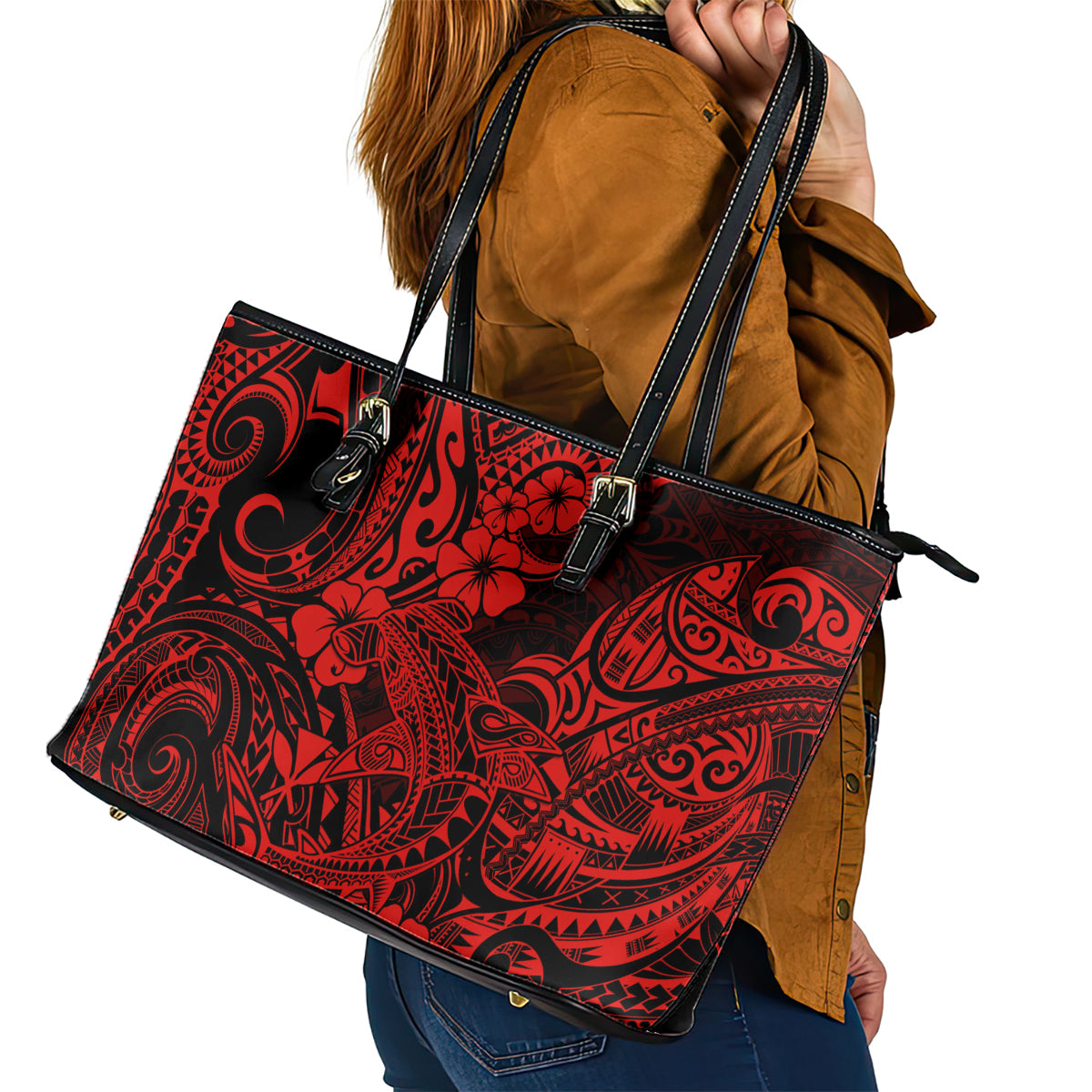 Hawaii Shark Leather Tote Bag Polynesian Pattern Red Version LT01 - Polynesian Pride