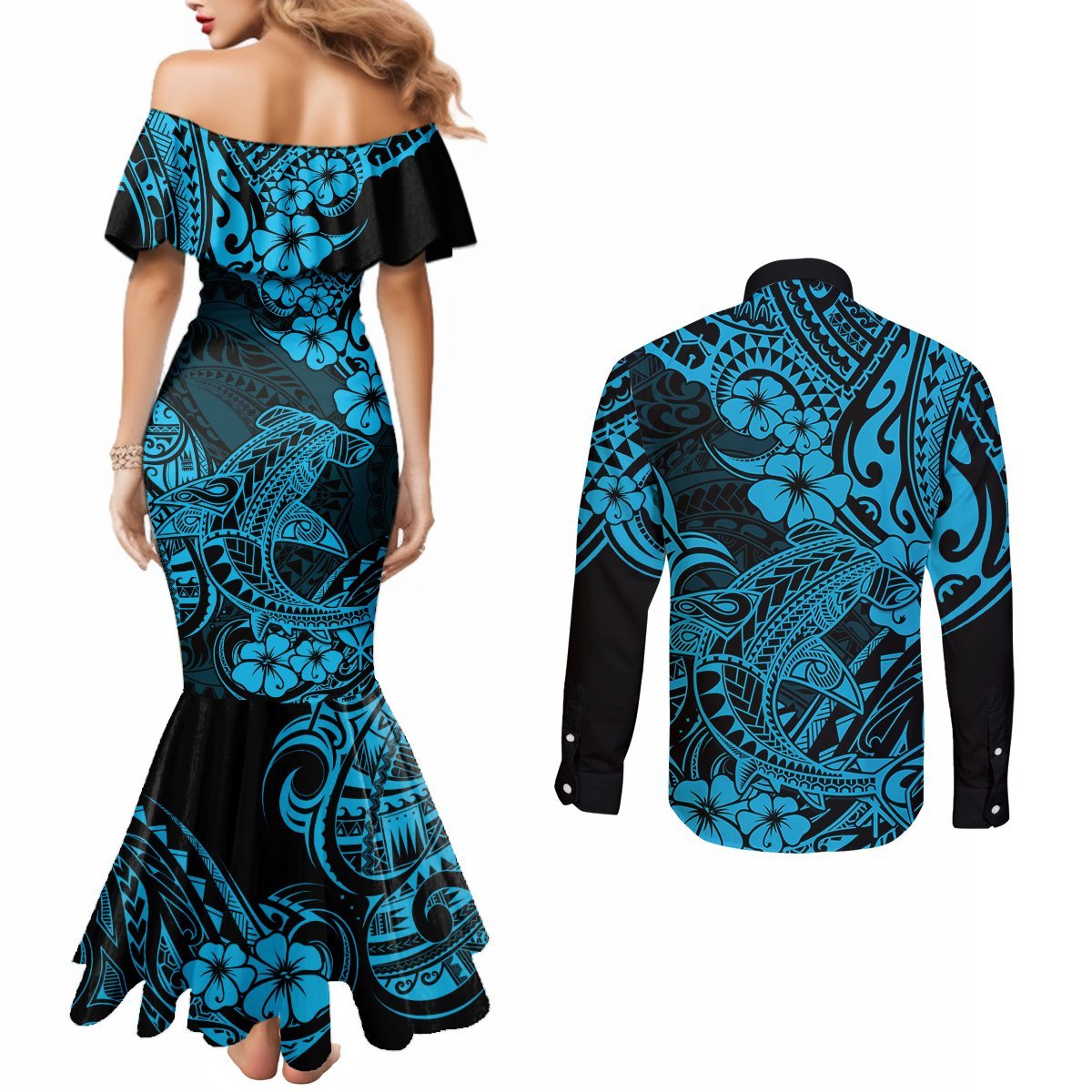Hawaii Shark Couples Matching Mermaid Dress and Long Sleeve Button Shirts Polynesian Pattern Sky Blue Version LT01 - Polynesian Pride