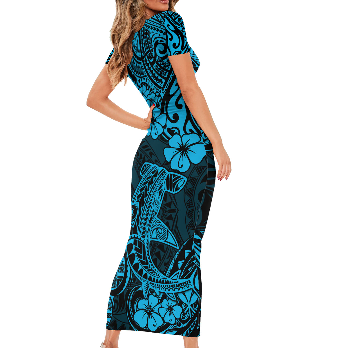 Hawaii Shark Short Sleeve Bodycon Dress Polynesian Pattern Sky Blue Version LT01 - Polynesian Pride