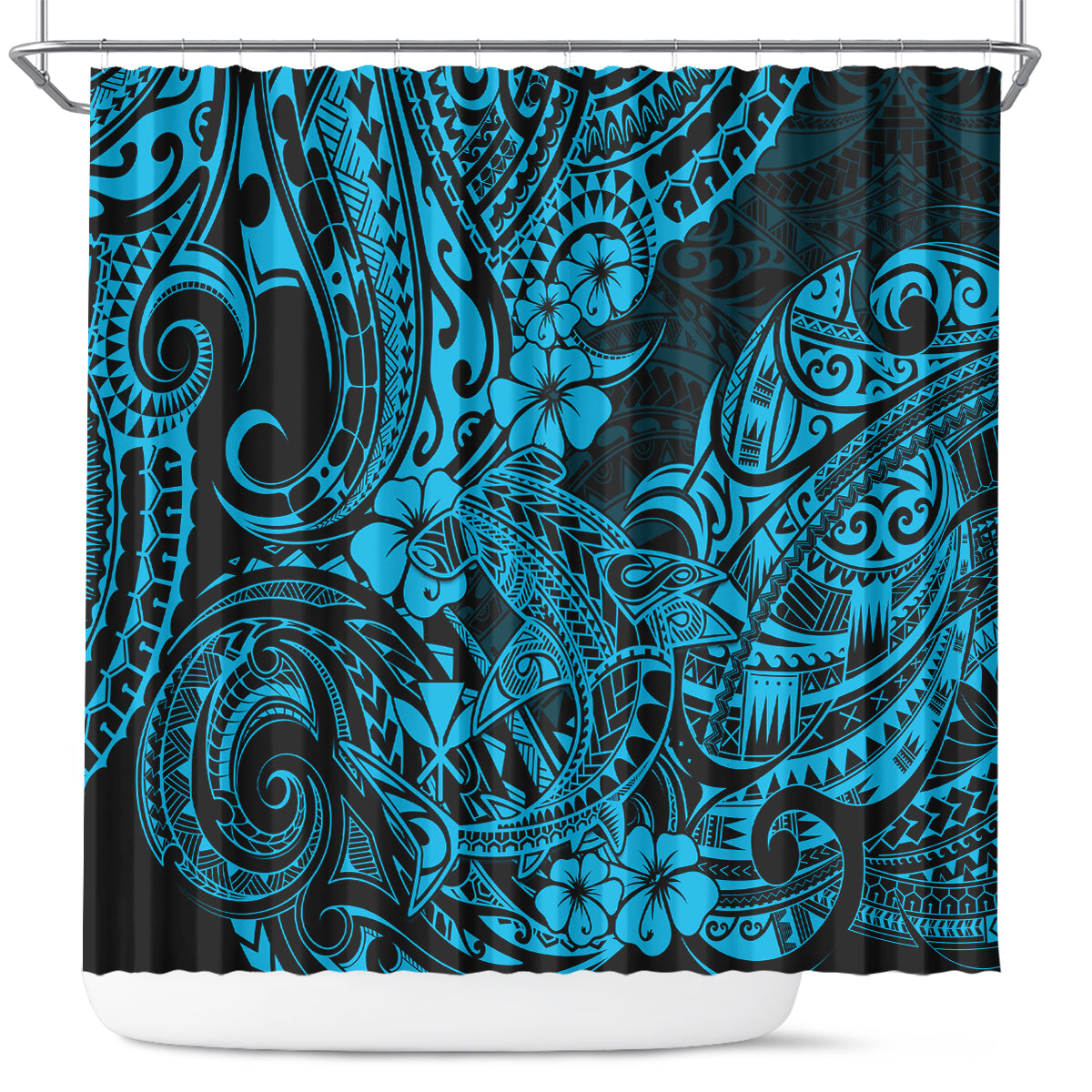 Hawaii Shark Shower Curtain Polynesian Pattern Sky Blue Version LT01 Blue - Polynesian Pride