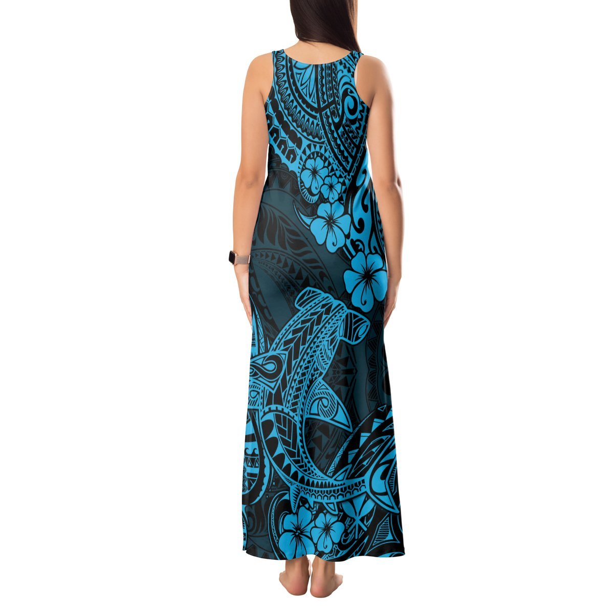 Hawaii Shark Tank Maxi Dress Polynesian Pattern Sky Blue Version LT01 - Polynesian Pride