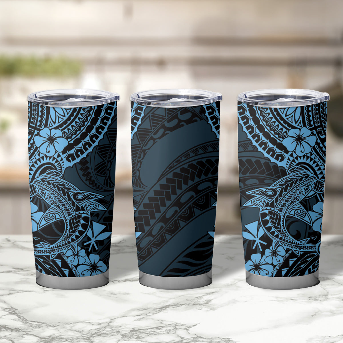 Hawaii Shark Tumbler Cup Polynesian Pattern Sky Blue Version LT01 - Polynesian Pride