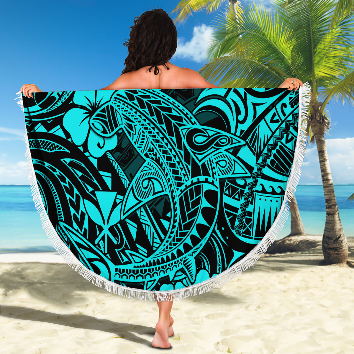 Hawaii Shark Beach Blanket Polynesian Pattern Turquoise Version LT01 - Wonder Print Shop