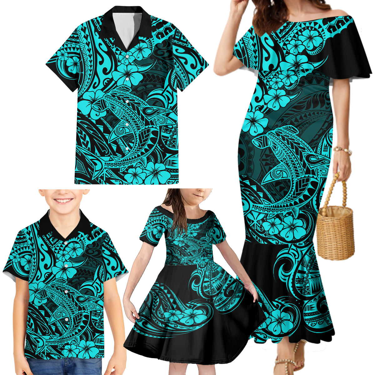 Hawaii Shark Family Matching Mermaid Dress and Hawaiian Shirt Polynesian Pattern Turquoise Version LT01 - Polynesian Pride