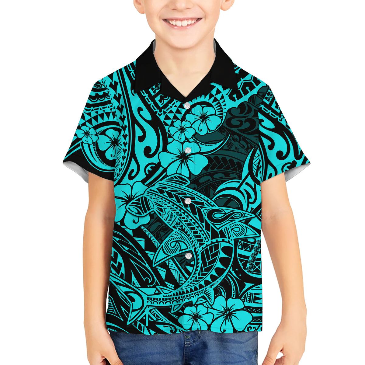 Hawaii Shark Kid Hawaiian Shirt Polynesian Pattern Turquoise Version LT01 Kid Turquoise - Polynesian Pride