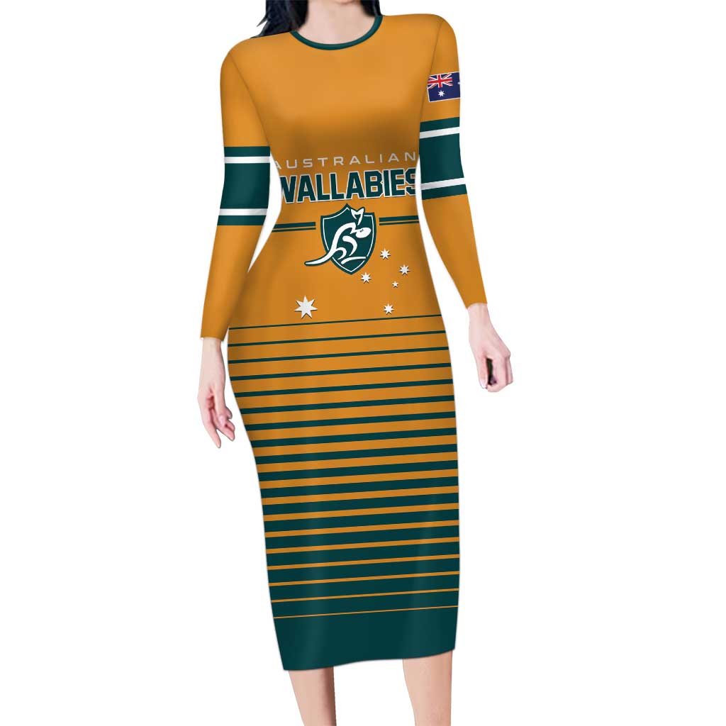 Custom Rugby Australia Long Sleeve Bodycon Dress Junior Wallabies Go Champions LT01 Long Dress Yellow - Polynesian Pride