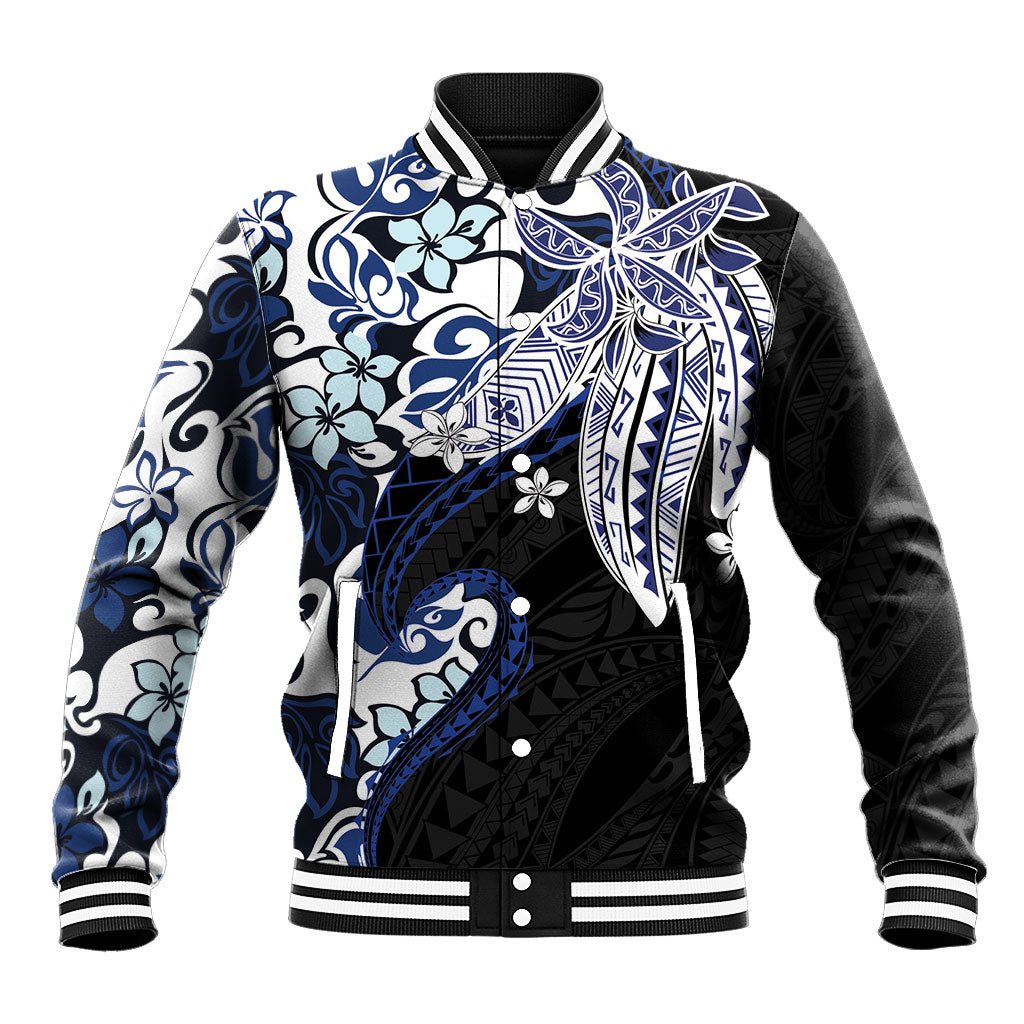 Monstera Plumeria Flowers Blue Baseball Jacket Polynesian Pattern LT01 Unisex Blue - Polynesian Pride