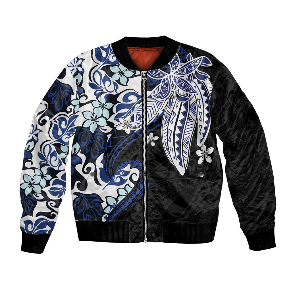 Monstera Plumeria Flowers Blue Bomber Jacket Polynesian Pattern LT01 Unisex Blue - Polynesian Pride
