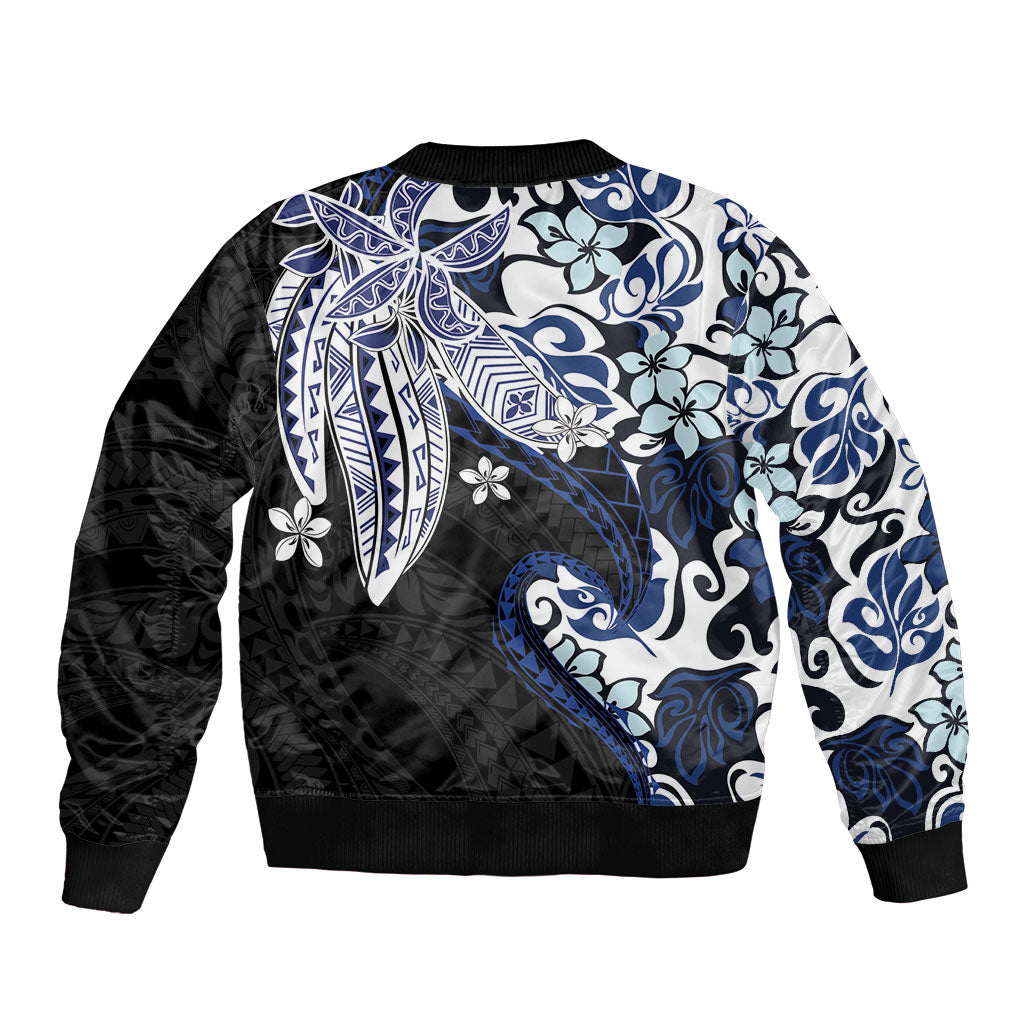Monstera Plumeria Flowers Blue Bomber Jacket Polynesian Pattern LT01 - Polynesian Pride