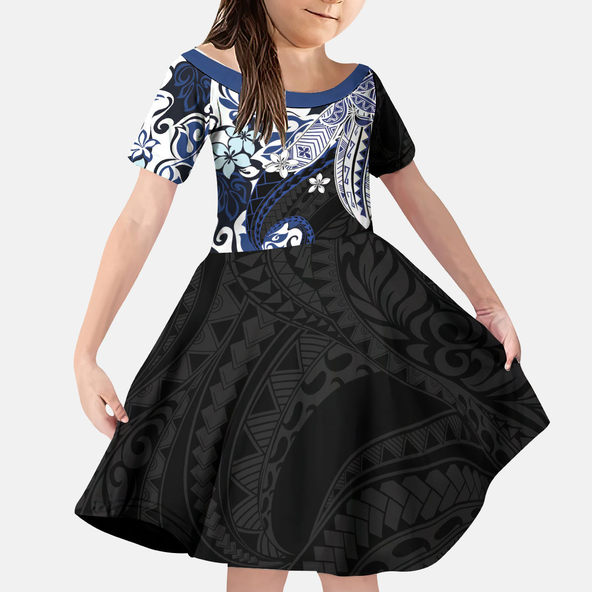 Monstera Plumeria Flowers Blue Kid Short Sleeve Dress Polynesian Pattern LT01 KID Blue - Polynesian Pride